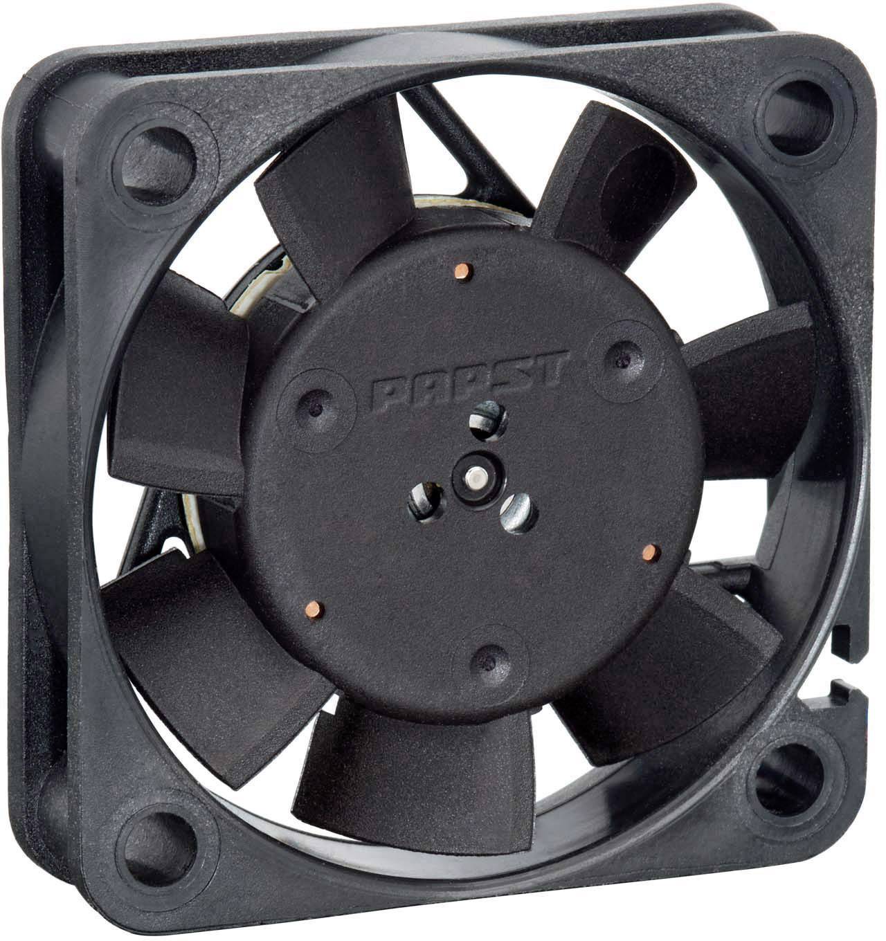 A black, rectangular fan with multiple blades, a central hub and mounting holes, suitable for cooling purposes.