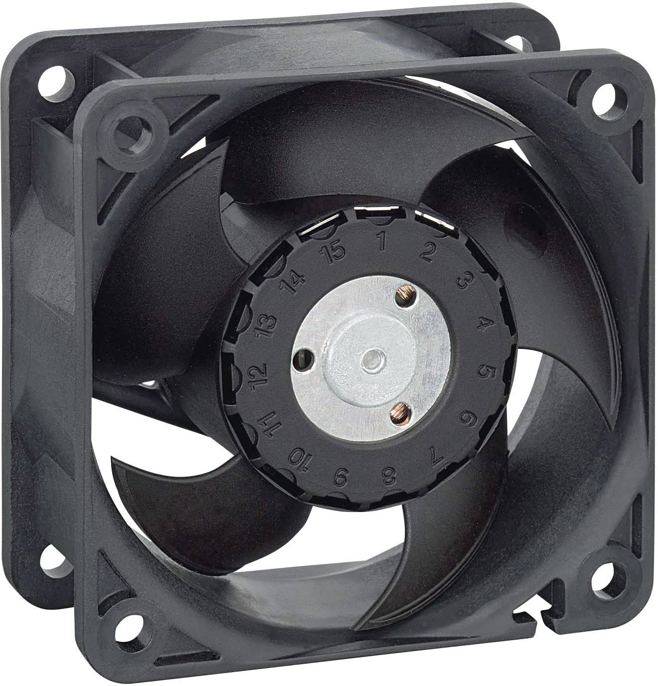 A black fan with multiple blades, mounted in a square housing, serves to cool electronic devices.
