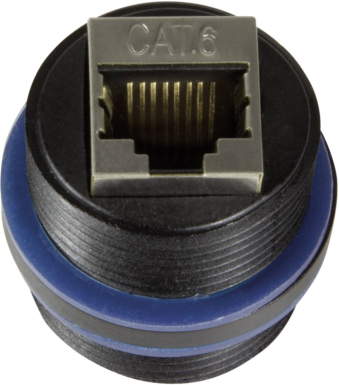 A network socket for CAT.6 cables, mounted in a cylindrical black plastic housing with a blue seal.