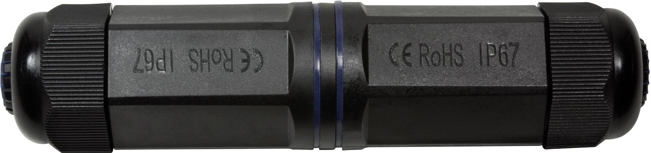 Black cylindrical connector with 'RoHS IP67' marking, suitable for waterproof and dust-resistant electrical connections.