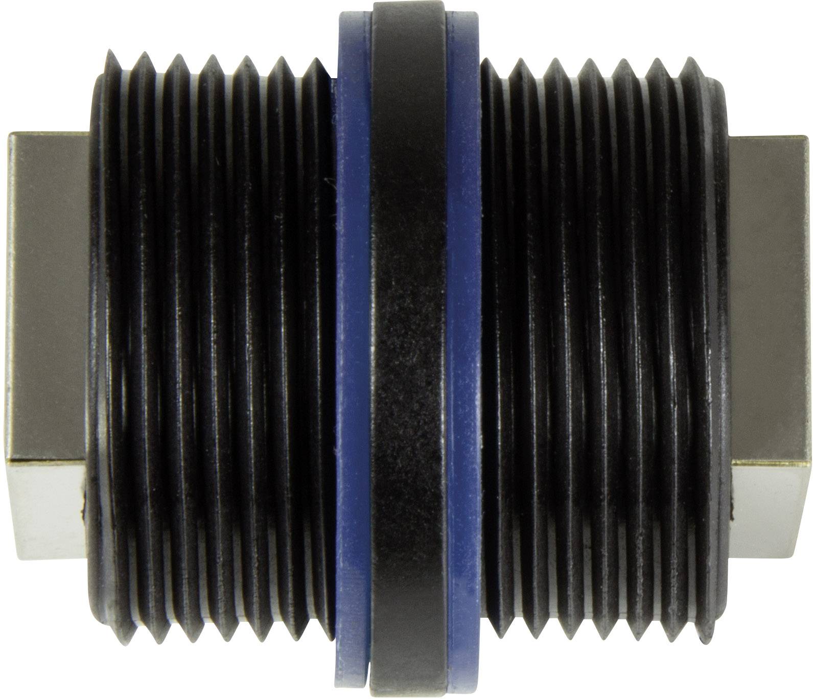 A cylindrical, metallic connecting element with fluted edges and a blue ring in the centre, possibly for pipes.