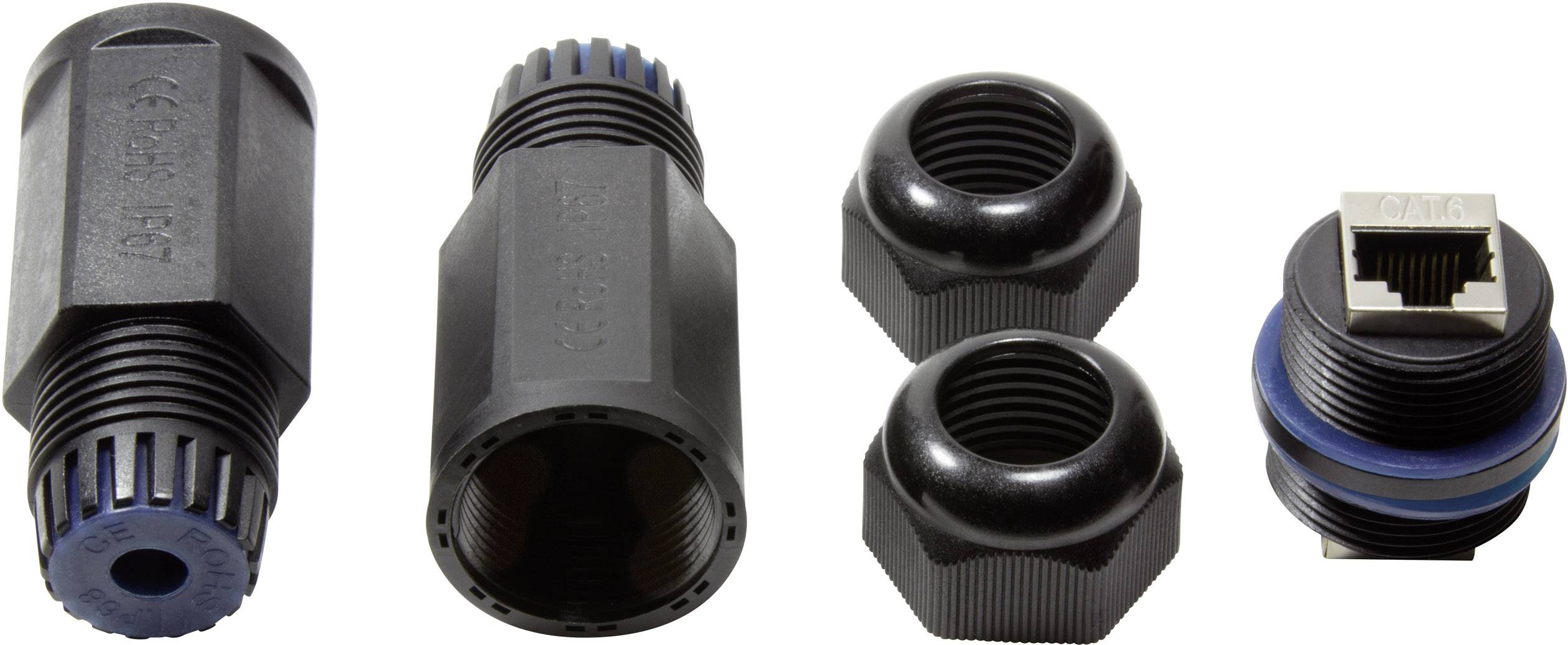 Various black plastic connection components, including threaded caps and an RJ45 connector with a blue seal, isolated on a white background.