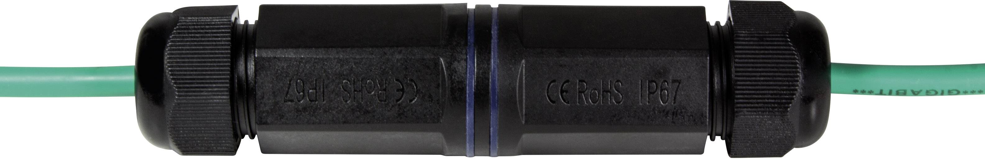 Black waterproof cable connector with green cable on the left, suitable for outdoor or industrial applications.