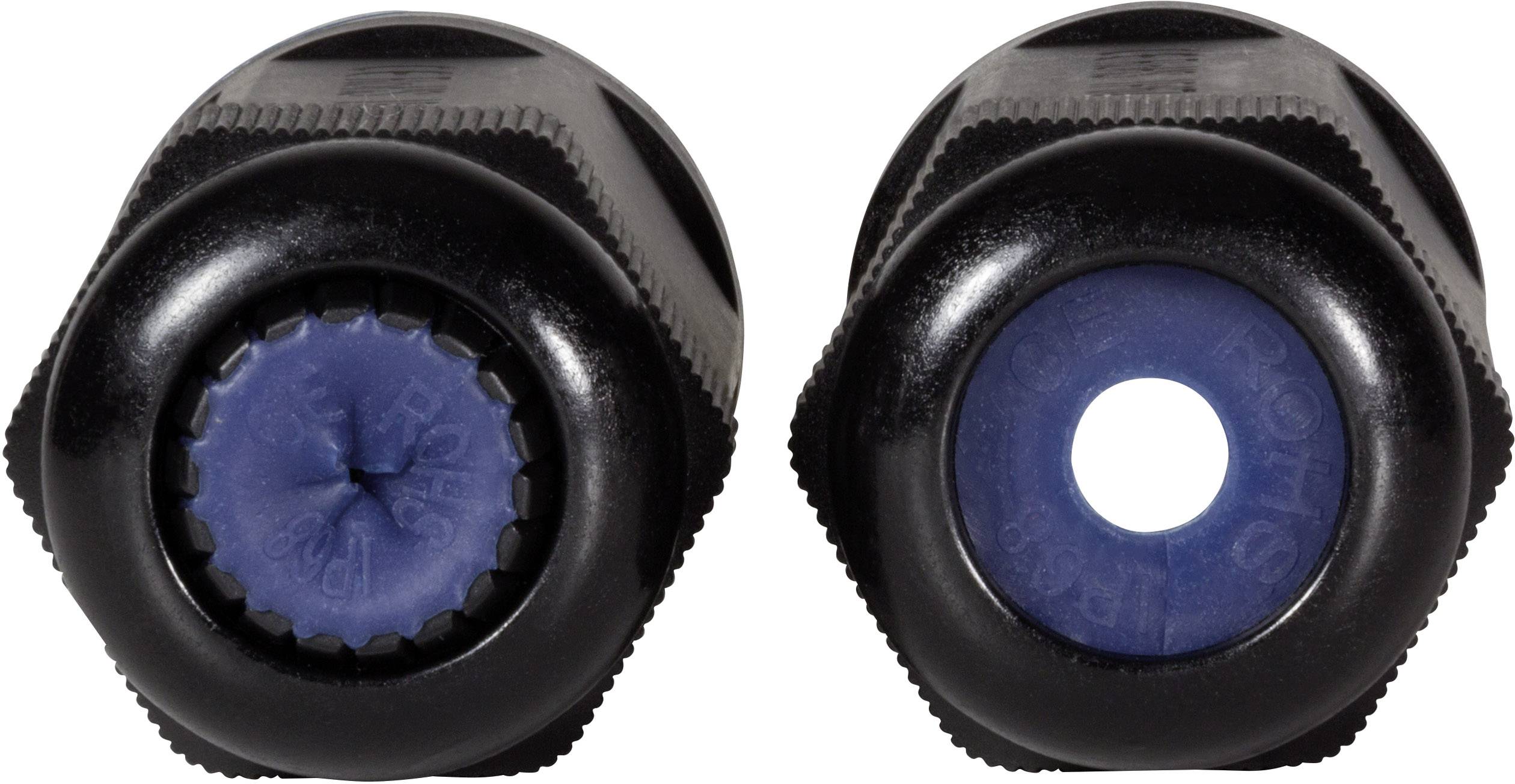 Two black caps, one with a closed blue fastener and the other with a central opening in the blue area.