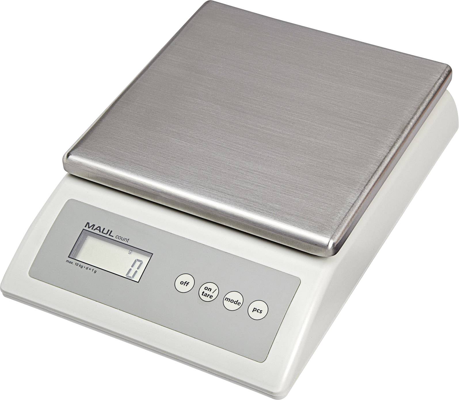 Elektronische Waage mit Edelstahl-Plattform und digitalem Display, zeigt '0'. Tasten für Ein/Aus, Tara, Modus und Stückzählung.