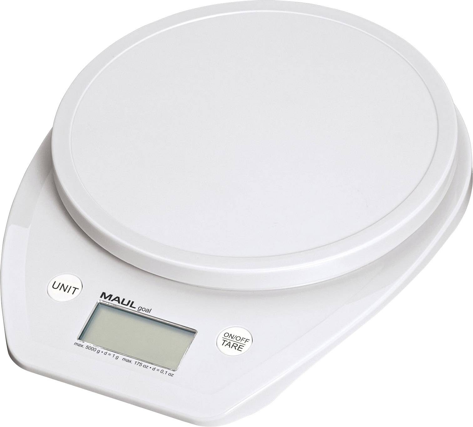 Electronic kitchen scales with digital display, two buttons for unit and tare function, suitable for weighing ingredients.