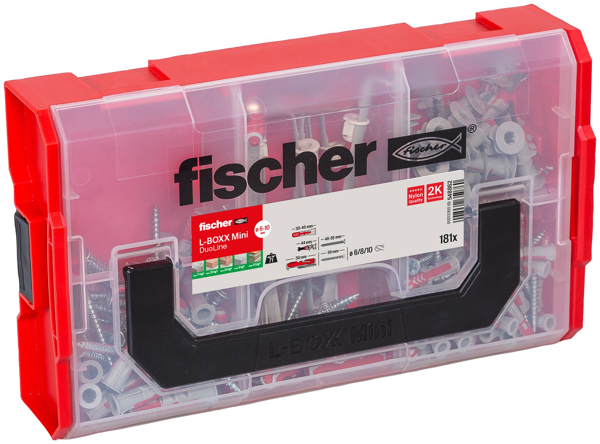 Plastic box with the label 'fischer', containing various fixing elements such as screws and wall plugs.