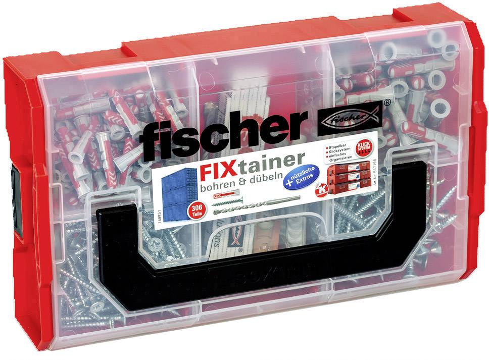 A red plastic box labelled 'fischer FIXtainer drilling & plugging', filled with various wall plugs and screws.
