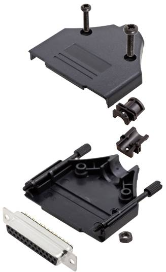 Exploded diagram of a D-Sub connector with housing screws and cable clamps, showing the individual components and their assembly.