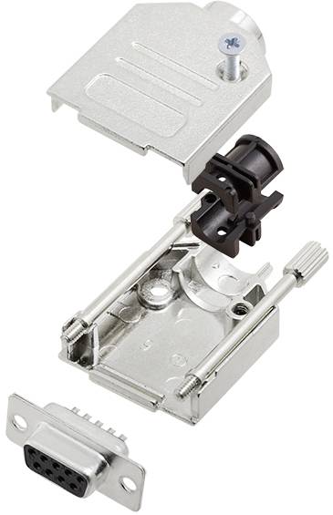 Illustration of a disassembled metal plug with housing, screws, and socket, showing the internal components and assembly method.