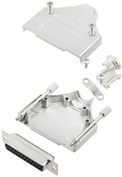 Dismantled D-sub connector with housing parts, screws, and connector, showing the individual components and their arrangement.