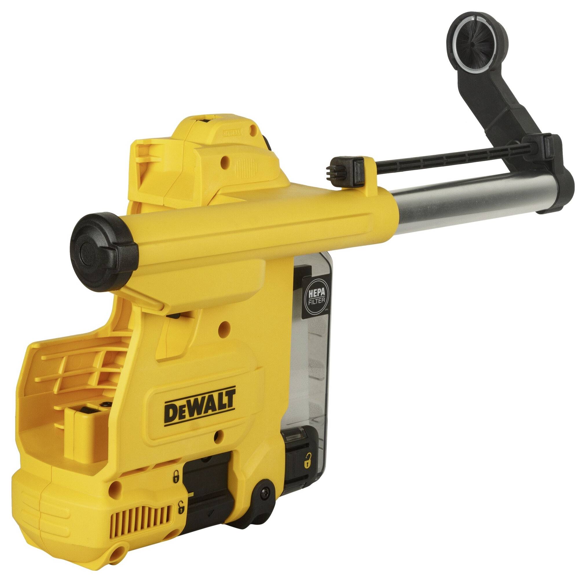 Yellow DeWalt tool for dust extraction, HEPA filter, adjustable suction hose, battery-operated.