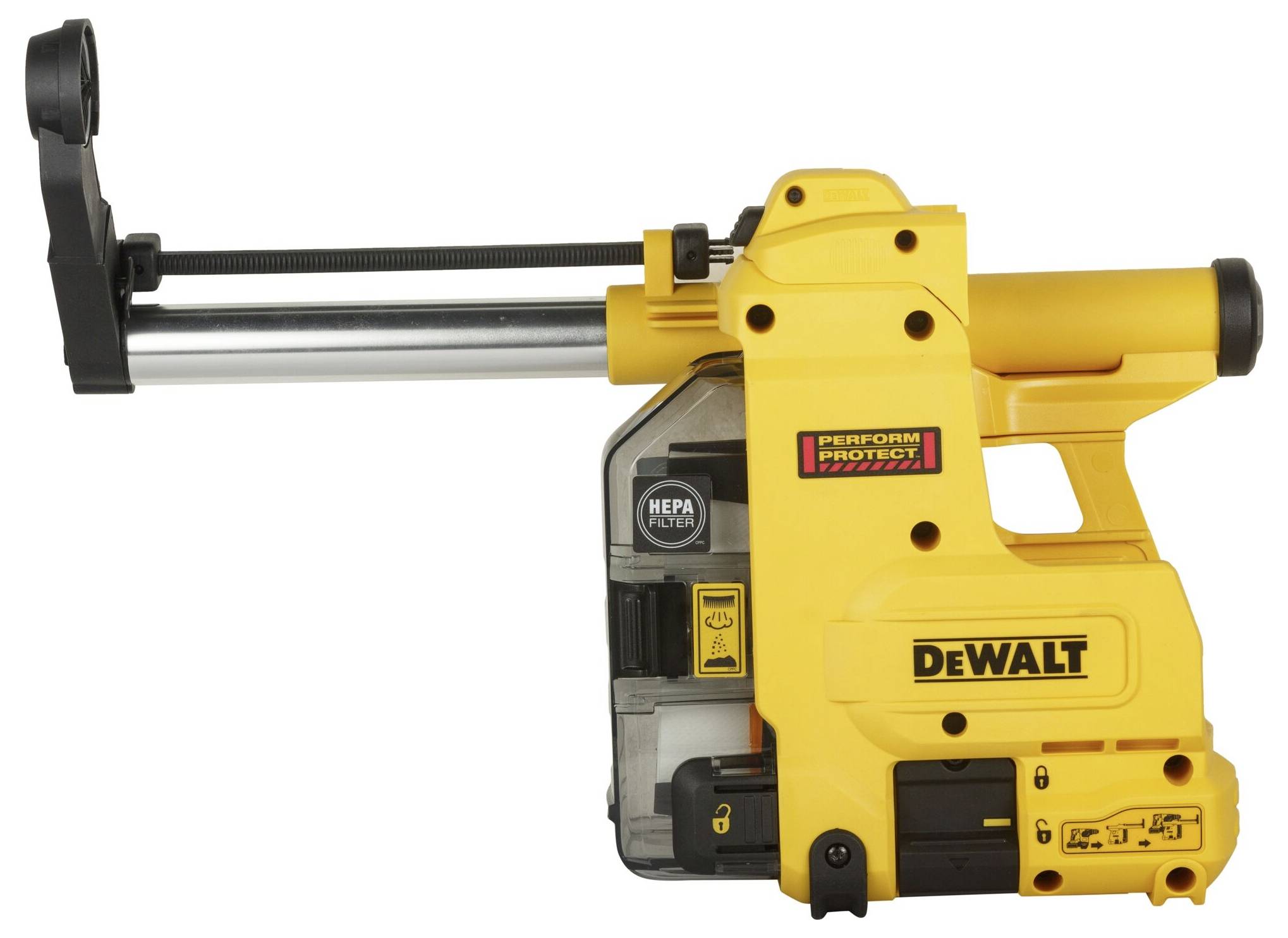 Yellow DeWalt tool for dust collection with HEPA filter, long metal tube, and black handle.