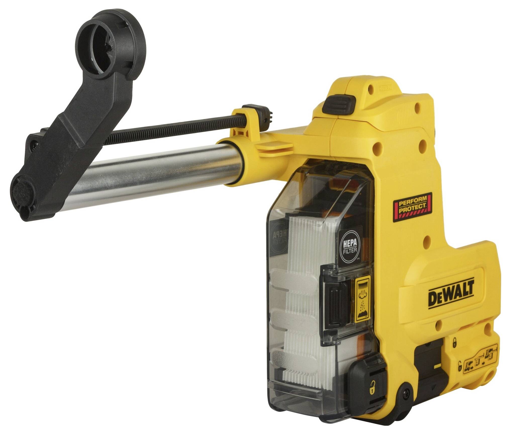 Yellow, portable DeWalt HEPA dust extractor attachment, compatible with power tools, featuring a transparent container and black arm.