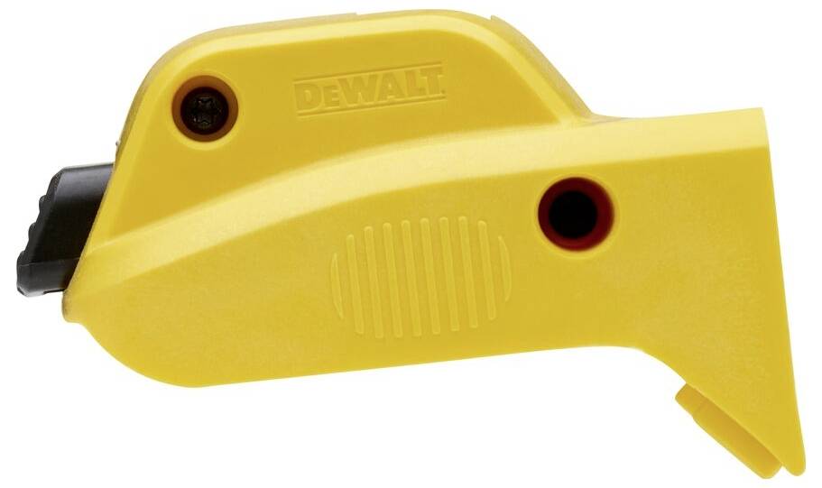 Yellow plastic device with a black button. Likely a safety attachment for a tool with a handling grip.