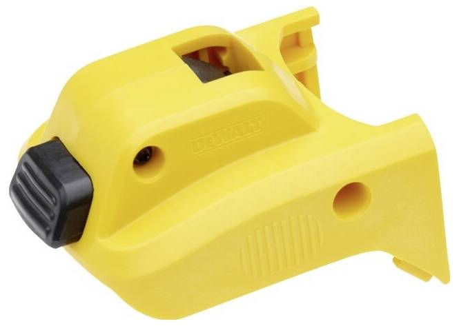Yellow plastic tool holder with a black button and multiple mounting holes.
