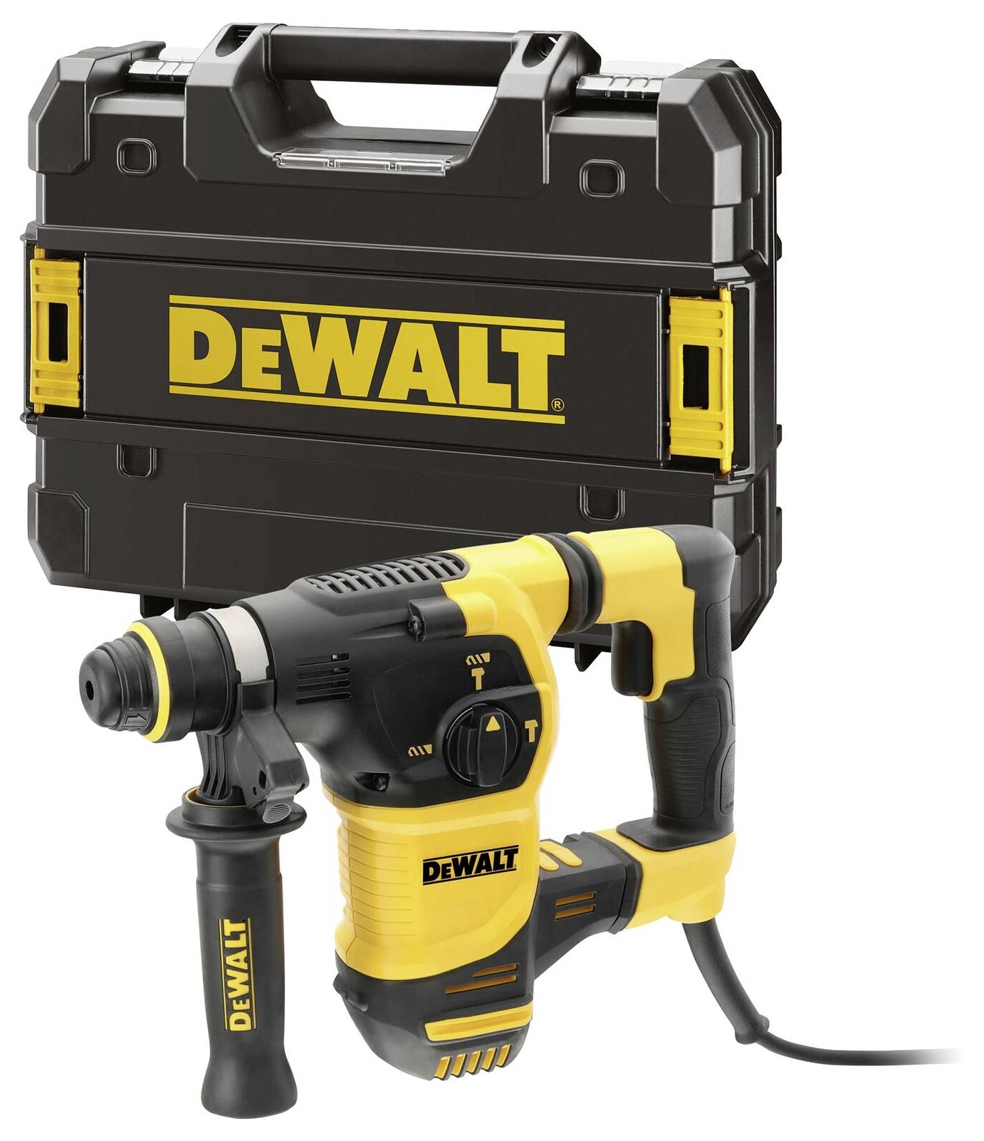 Yellow and black DeWalt drill hammer, standing in front of a black DeWalt case. Ideal for construction and renovation work.