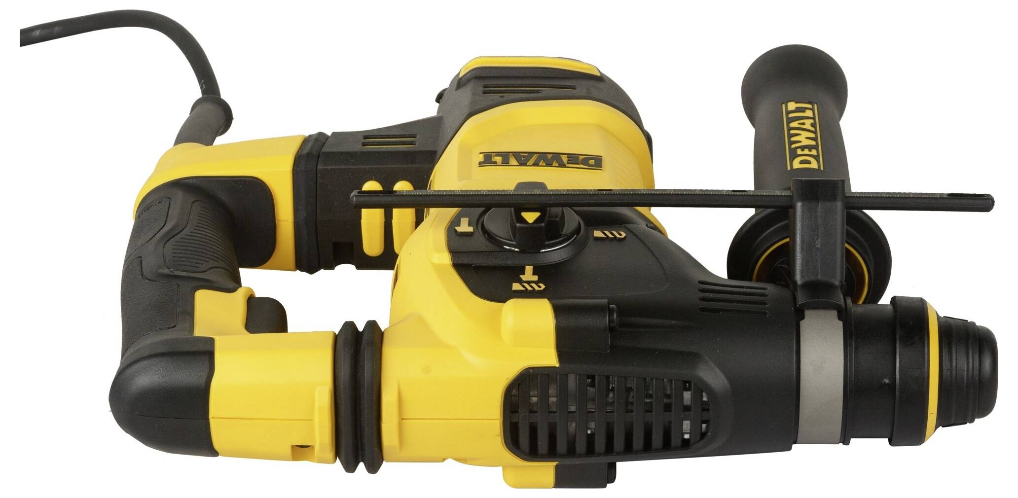 A yellow and black electric power drill with handle and cable, suitable for heavy-duty construction work.