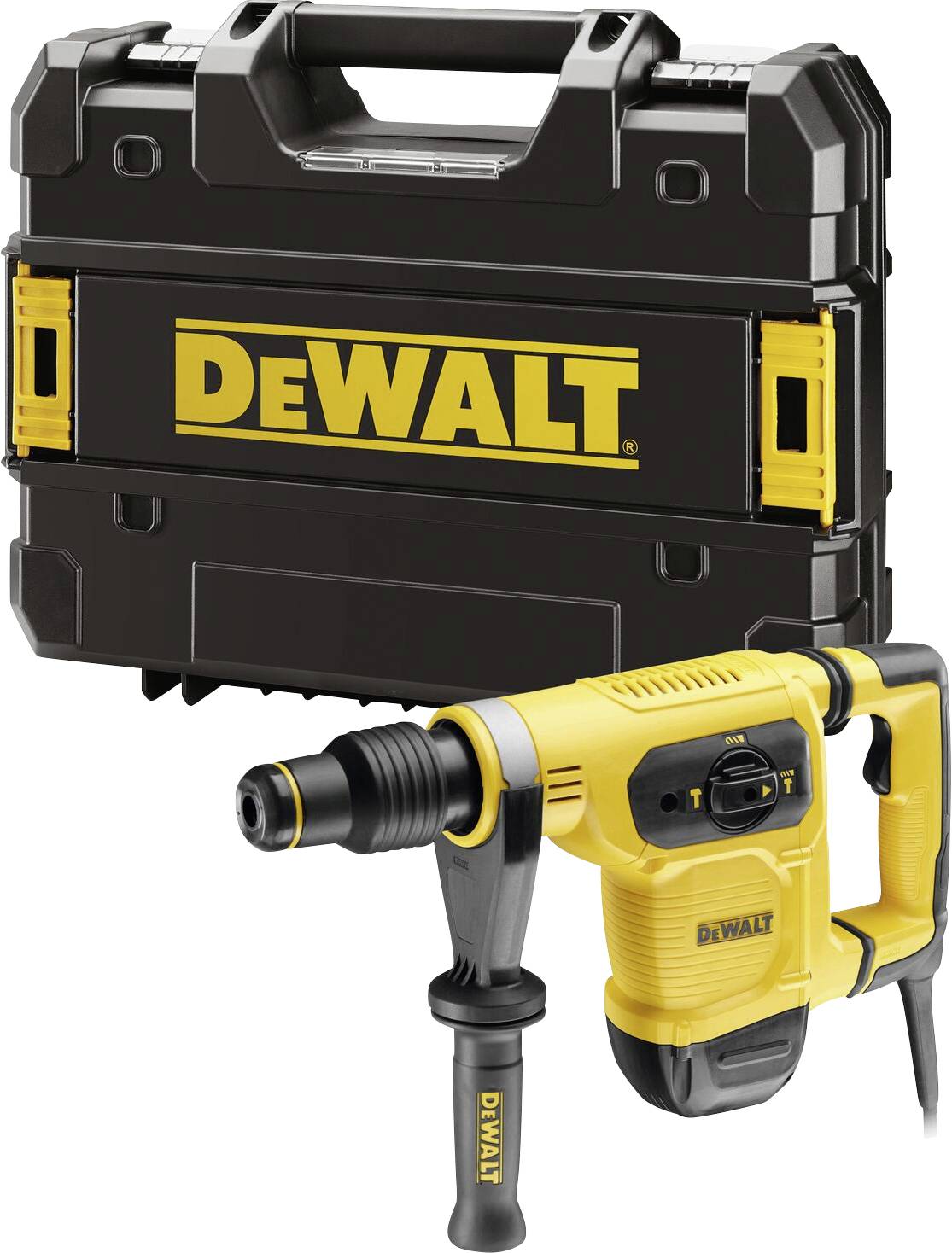 A yellow DeWalt drill hammer with a black handle, alongside a matching black transport case with a yellow DeWalt logo.