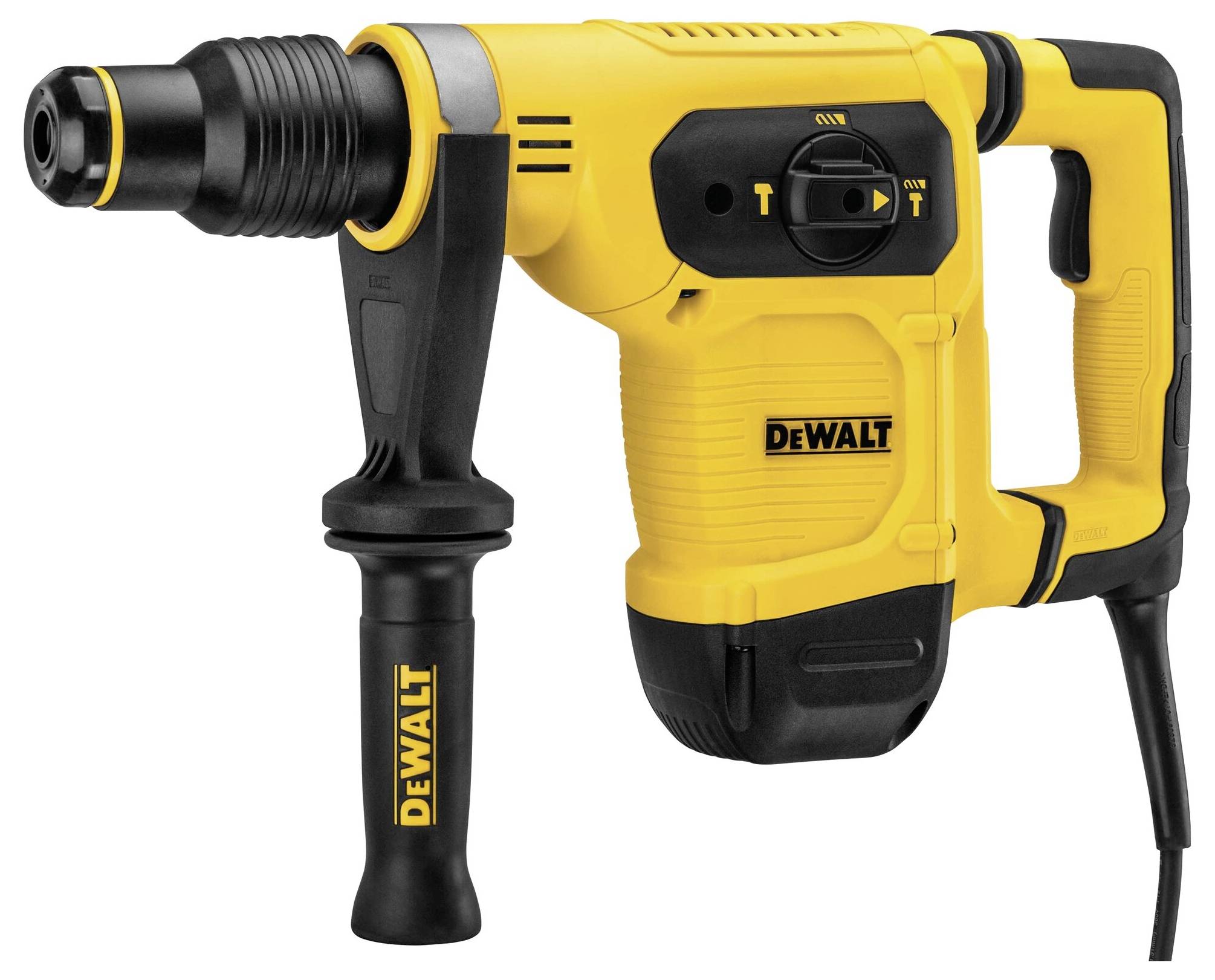 A yellow DeWalt hammer drill with a black handle and cable.