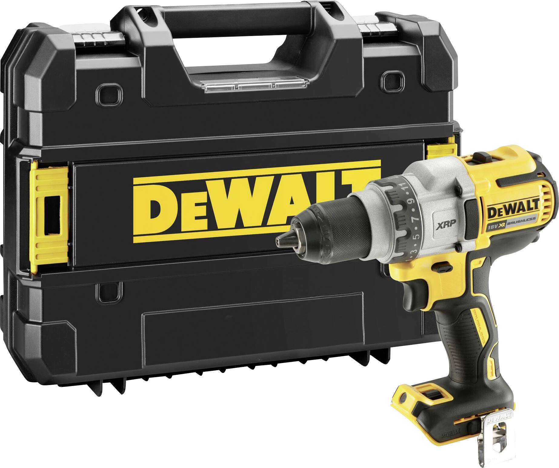 A cordless drill in black and yellow positioned in front of a black case with the 'DeWALT' logo.