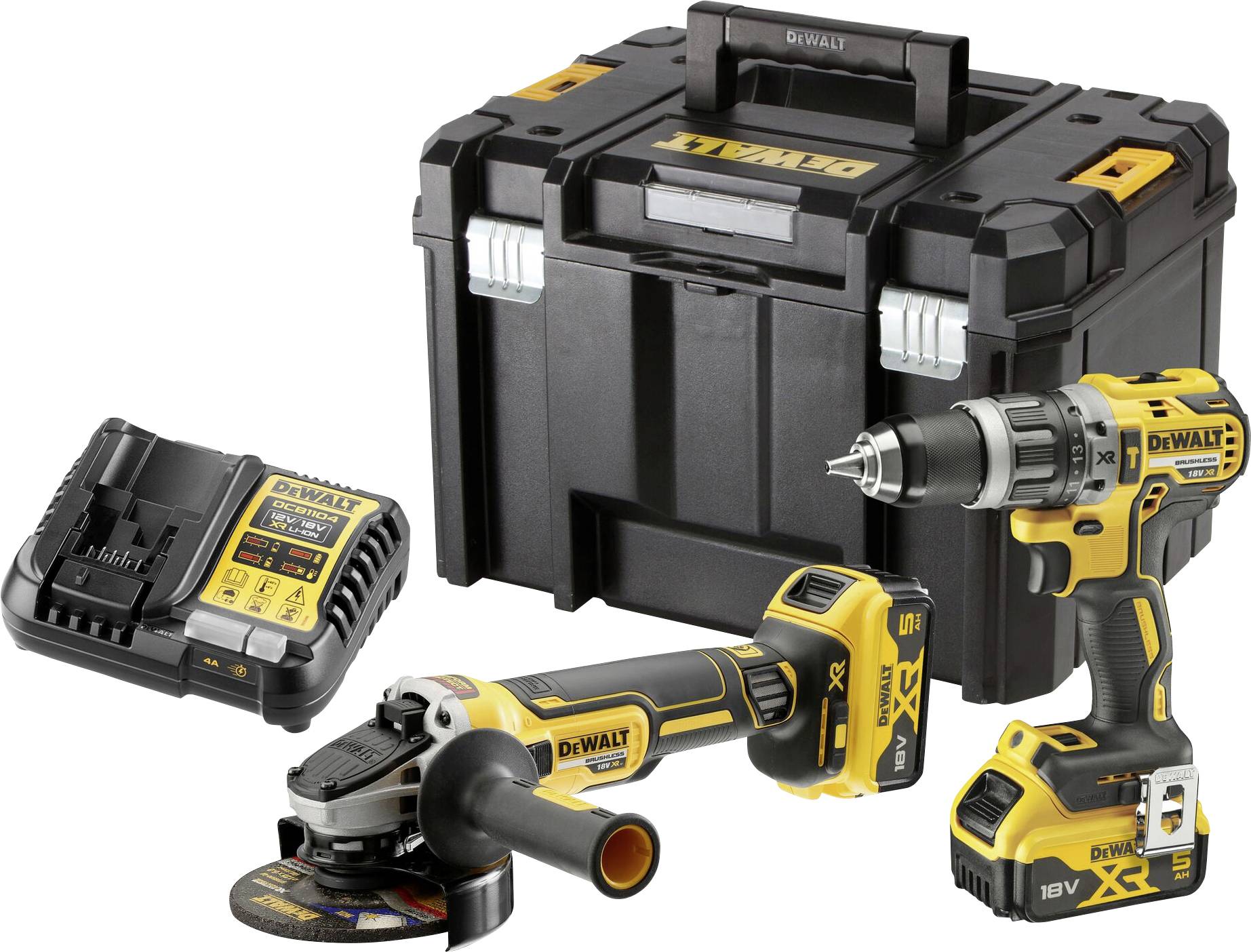 A set comprising a cordless drill, an angle grinder, a charger, and a sturdy black tool case.