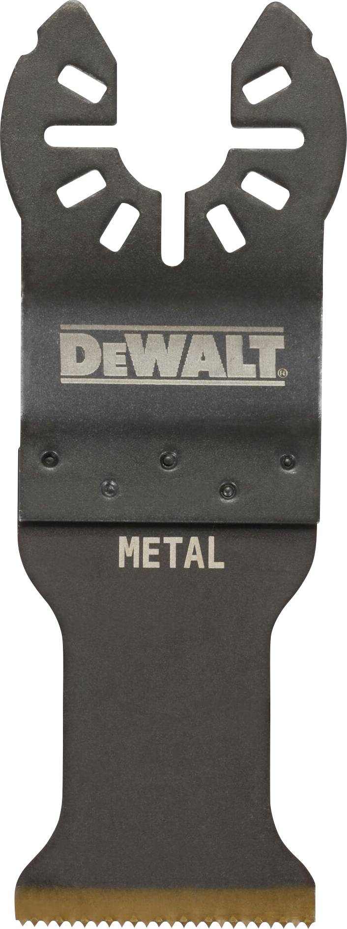 Black metal saw blade with 'DEWALT' brand marking and 'METAL' inscription, suitable for cutting metal materials.