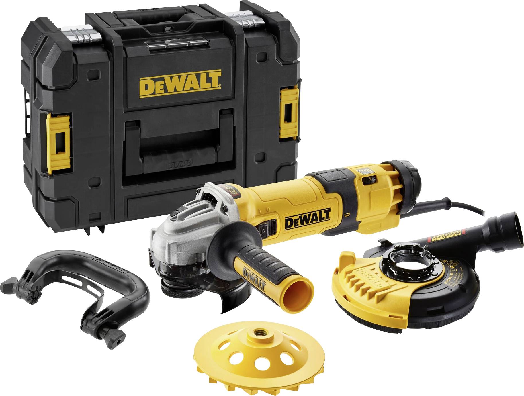 DeWalt Electric Angle Grinder Set with grinder, protective covers, grinding disc and transport case, ready for use.