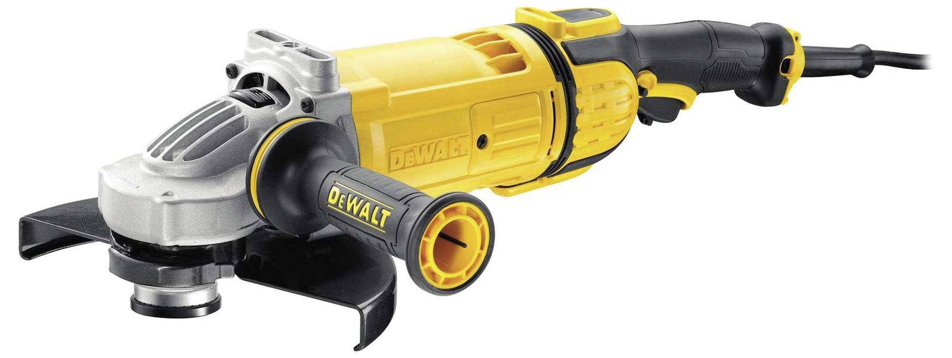 Yellow angle grinder with a black handle, power cable to the side.