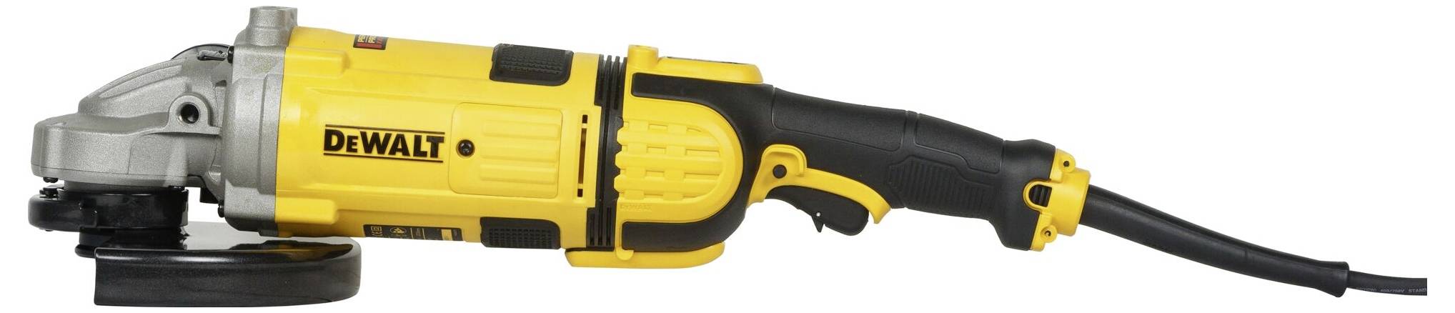 A yellow angle grinder with a black handle, labelled 'DeWalt'.