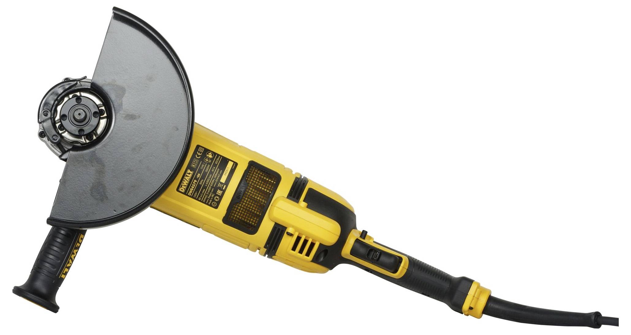 A yellow, electric angle grinder with a black handle and protective cover, pictured against a white background.