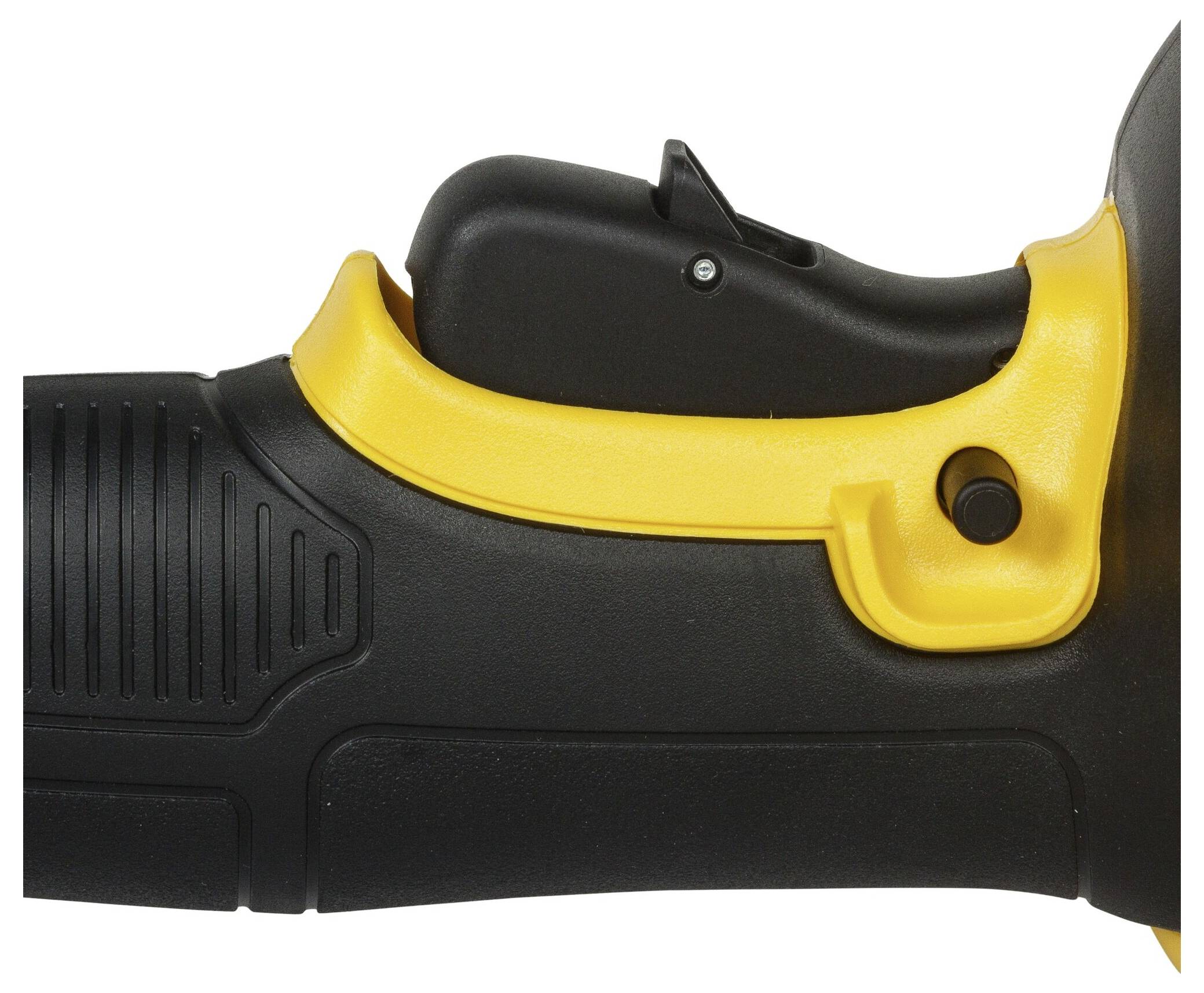 Close-up of a black and yellow tool, focusing on the handle section with a yellow switch.