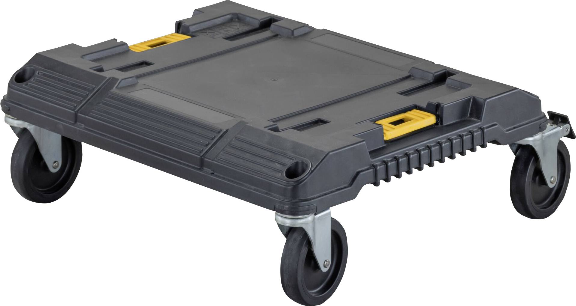 Robust black transport trolley with four wheels and yellow handles, suitable for transporting heavy loads on flat surfaces.