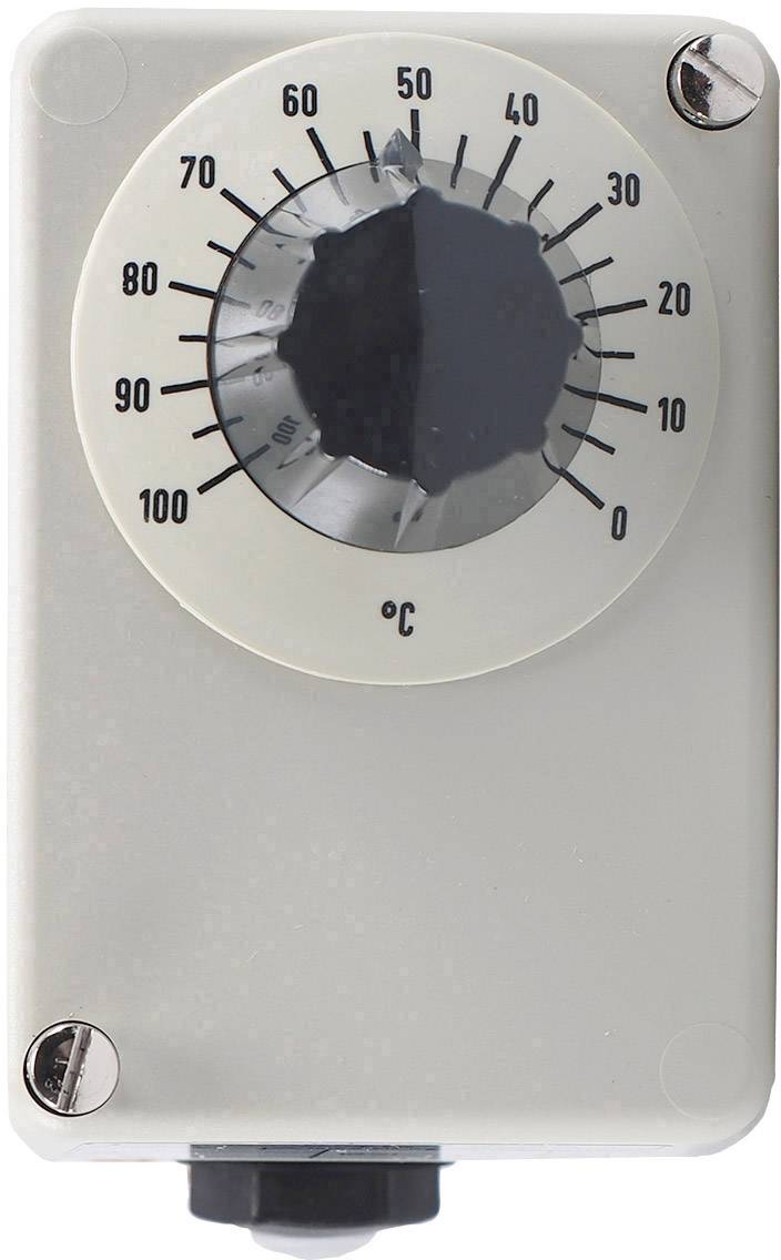 A white thermostat housing with a black control knob. The knob is pointing to 50 degrees Celsius on the circular scale.