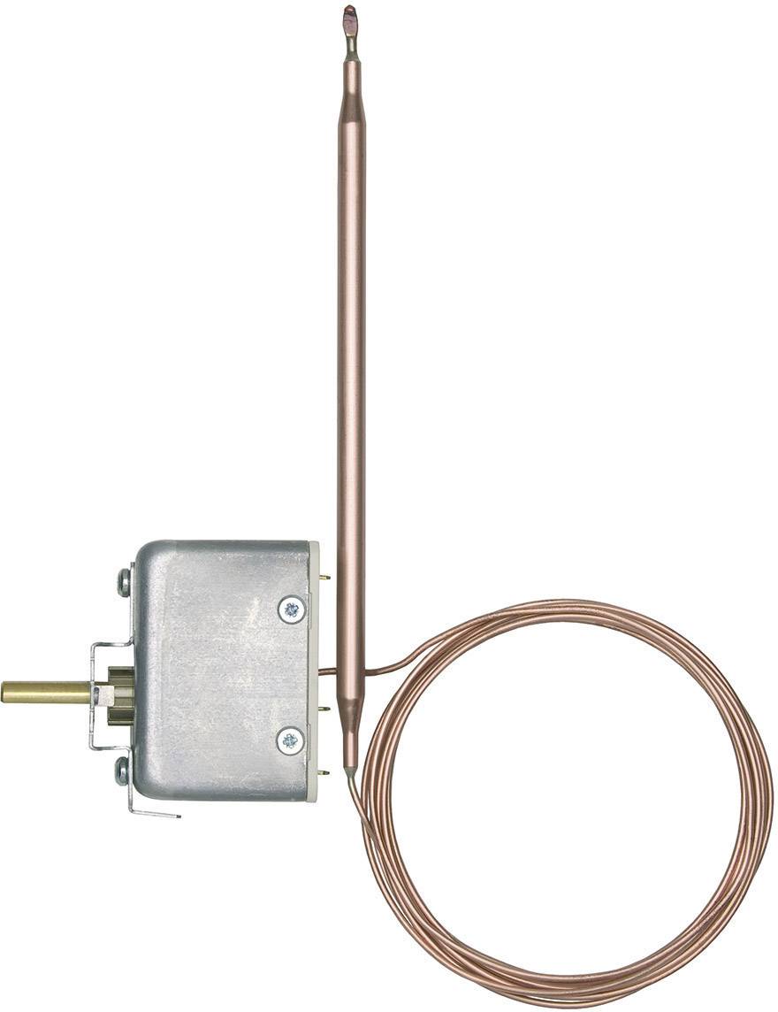 Bimetallic thermostat spring with copper sensor and metal casing, featuring extended copper probe and spiral cable.