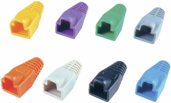 Eight colourful RJ45 port covers in two rows; colours include yellow, purple, green, grey, orange, white, black and blue.
