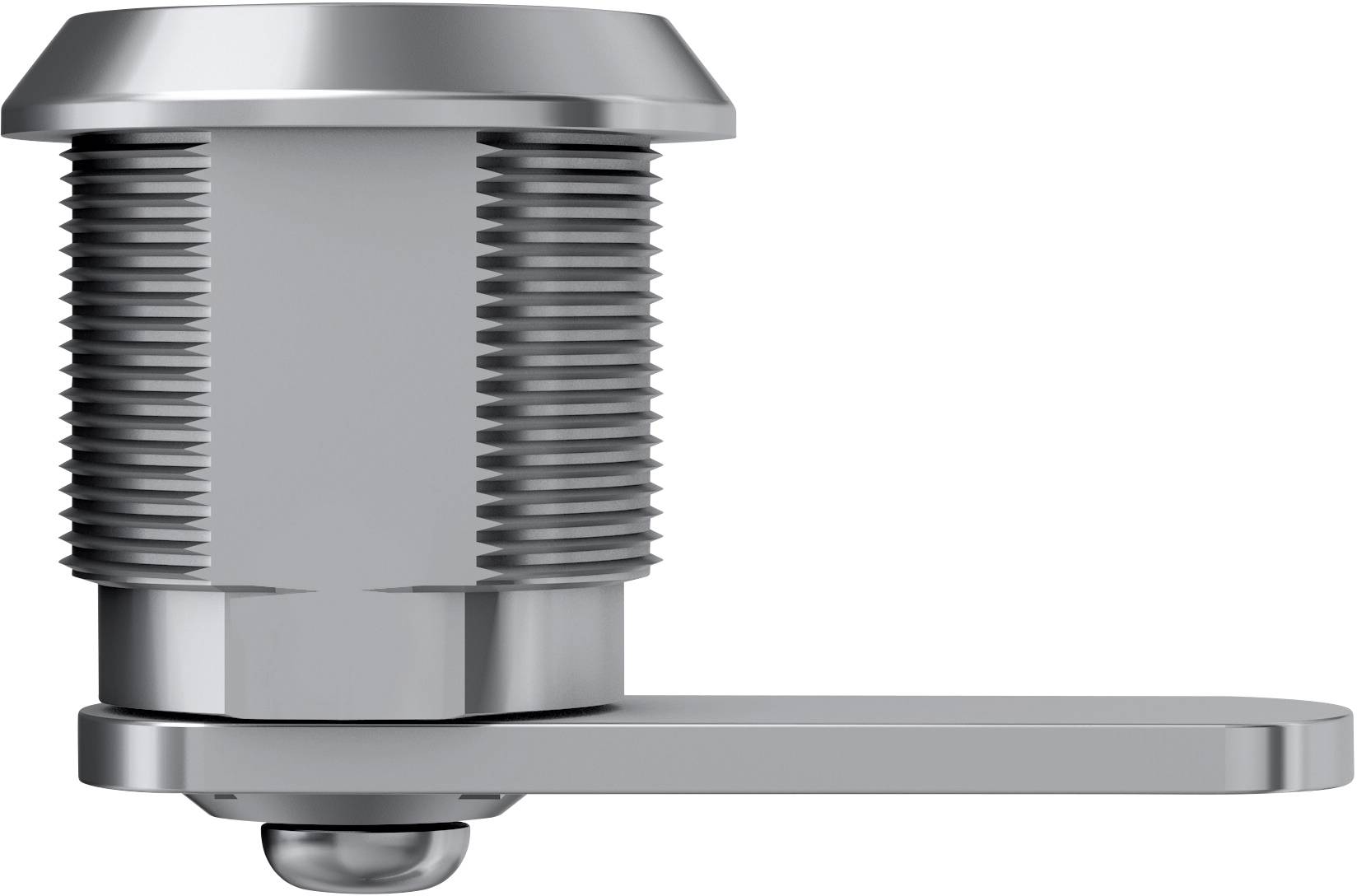 Metal lock with knurled sheet metal structure and flat lever handle, side view.