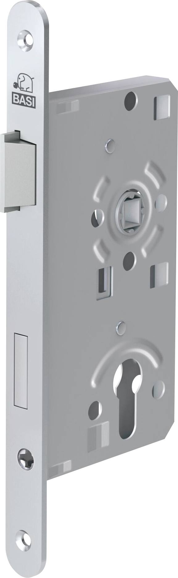 A silver door lock mechanism with various cutouts and a keyhole at the bottom, designed for mortise installation.
