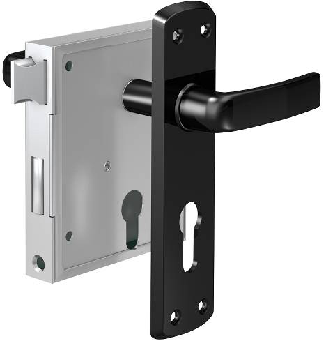 Door lock with a black door handle and visible locking mechanism, suitable for interior use.