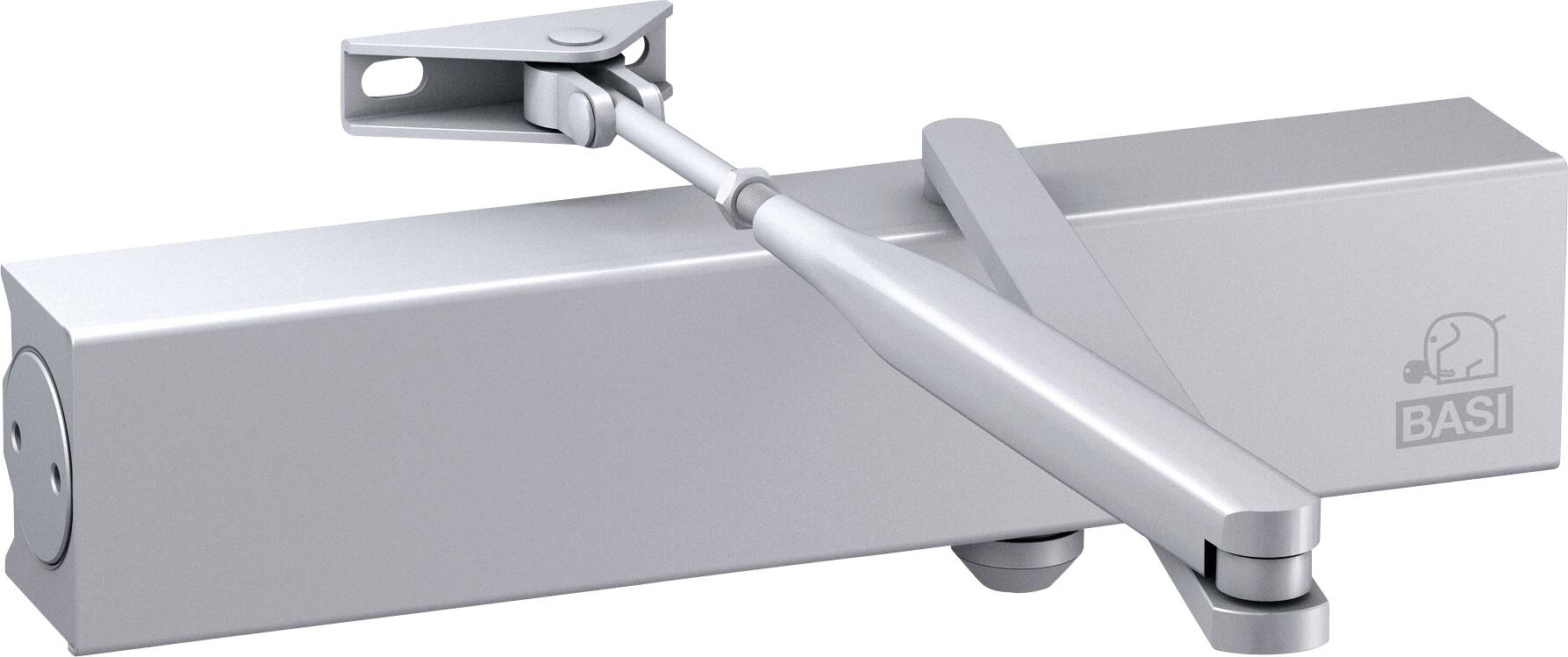 A silver BASI door closer with an adjustable arm and angular design, used for controlling door closing speed and enhancing safety.