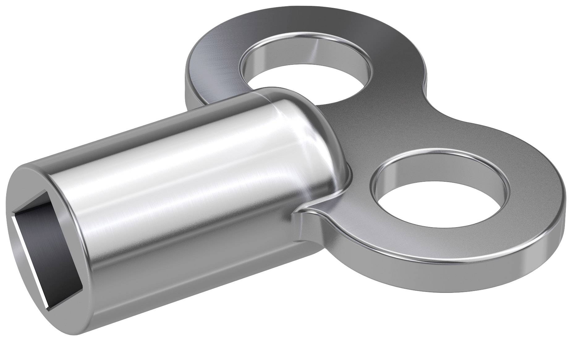 A silver, round metal key with a hollow, cylindrical shaft and two large holes in the handle. Suitable for winding a clock.