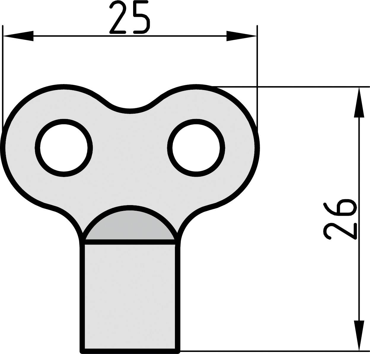 Technical drawing of a key with two holes and dimensions: width 25 mm, height 26 mm.
