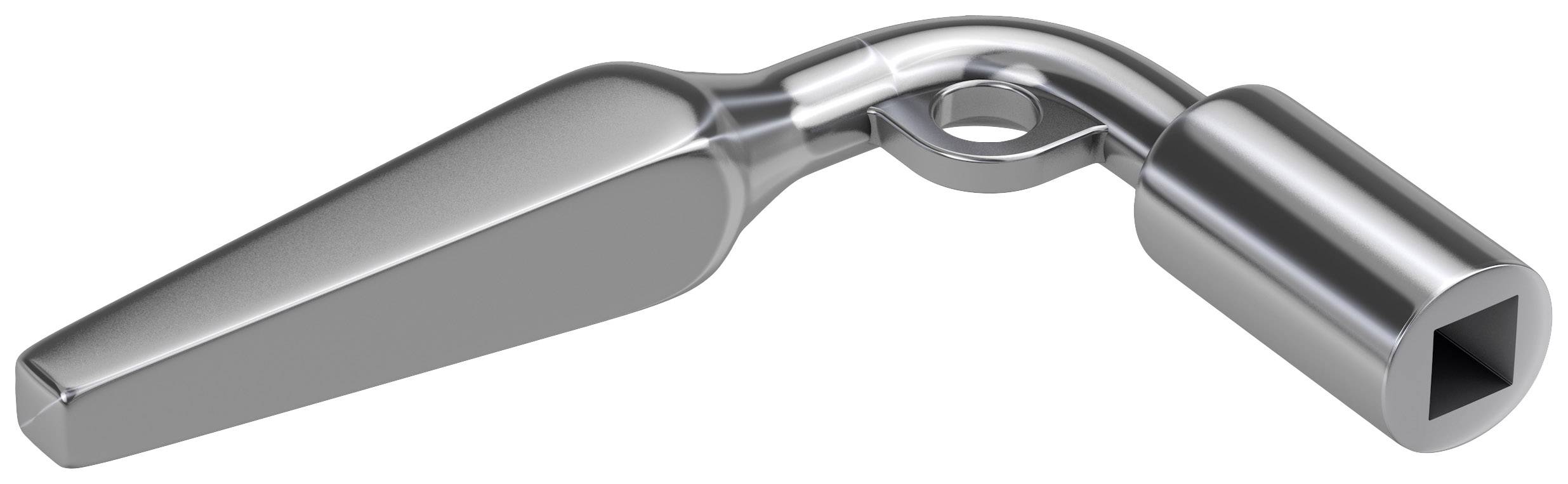 A silver, unrolled metal furniture glide with a rectangular mounting point and smooth surface for attachment to furniture pieces.