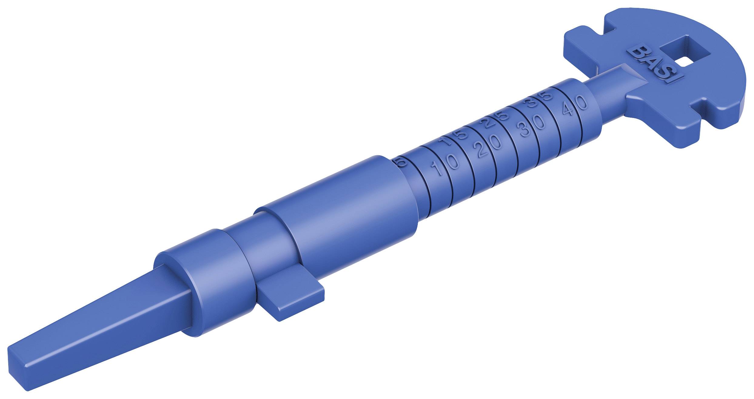 Blue key with graduated markings for different depths, used for precise setting or measurement.