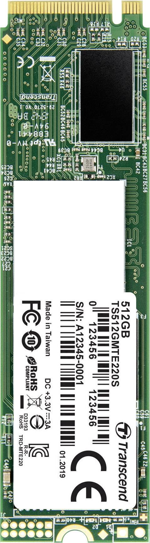 M.2 NVMe SSD von Transcend mit 512GB Kapazität. Das grüne PCB und diverse Chips sind sichtbar. Stickert mit technischen Details.