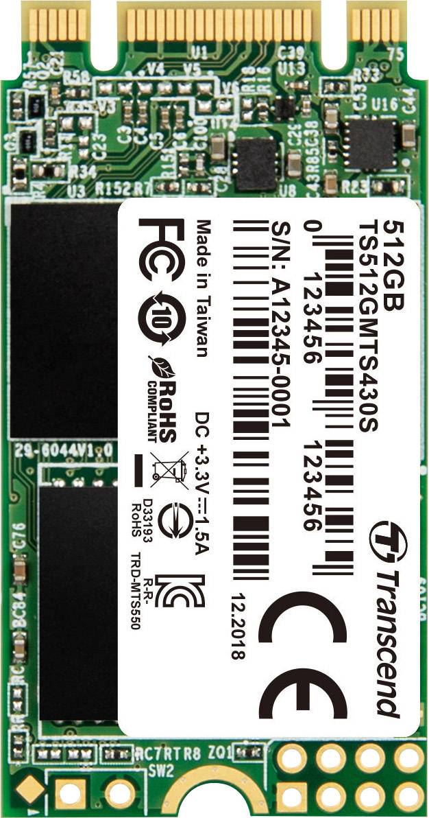 A 512GB M.2 SSD from Transcend, Model TS512GMTS430S, with serial number A12345-0001. Contains technical details and certification logos.