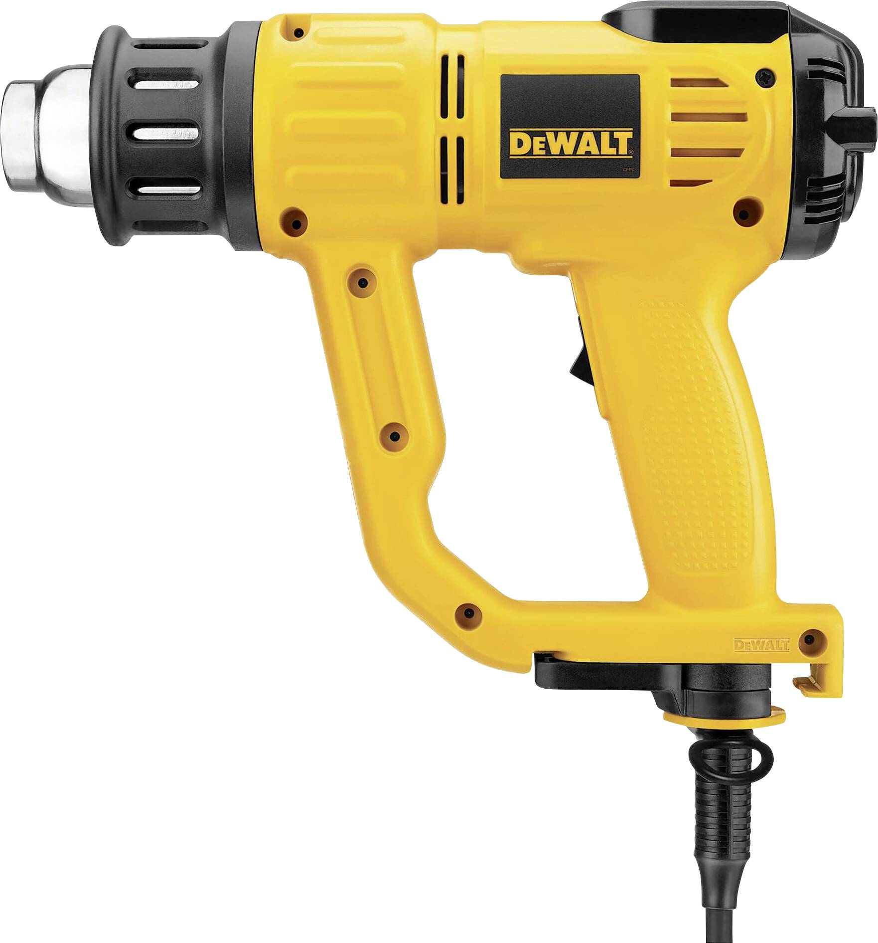 A yellow heat gun with a black handle and ventilation slots, corded, brand name visible.