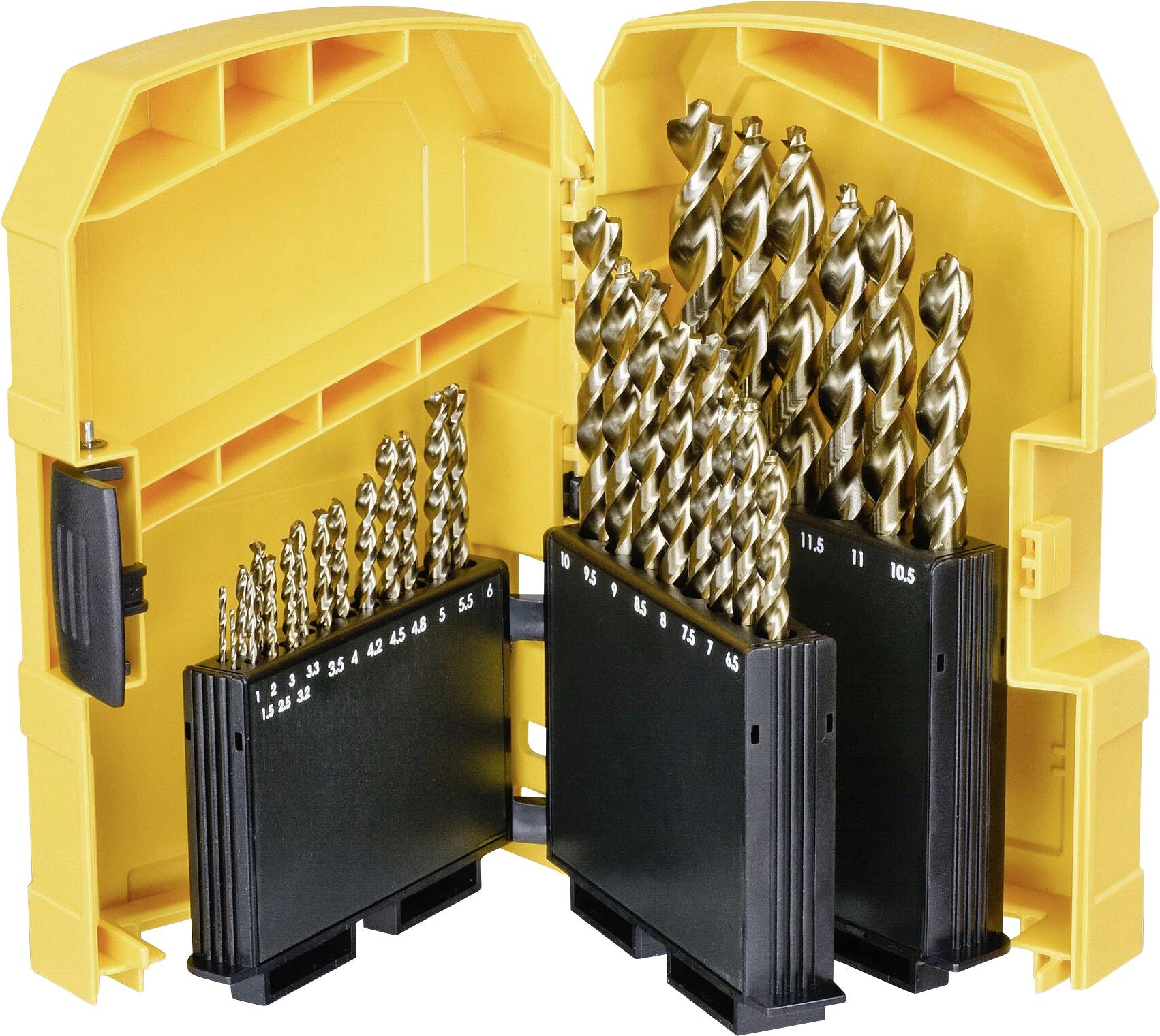A set of metal drill bits in various sizes, organised in a yellow case.