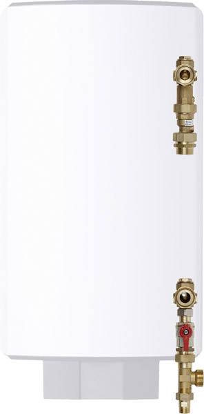 A white, cylindrical boiler with two visible brass valves on the side.