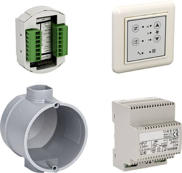 Four electronic devices: An open switched-mode power supply with green connectors, a square control panel, a grey tube, and a white module with technical specifications.